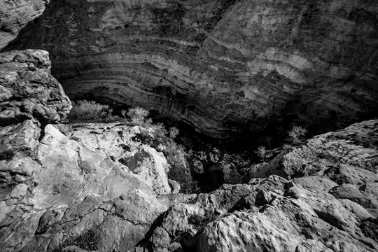black and white canyon view in the desert, E'in Ovdat nature reserve, Israel