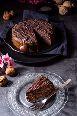 juicy poppy seed cake with apples and chocolate glaze