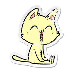 distressed sticker of a happy cartoon cat