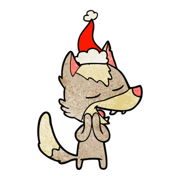 textured cartoon of a wolf laughing wearing santa hat