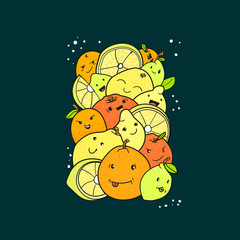 Citrus fruits characters vector doodle drawing