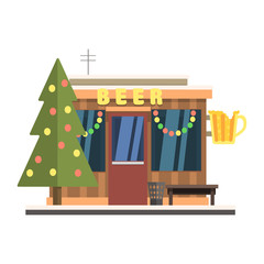 Beer Shop Front in Christmas. Vector Illustration