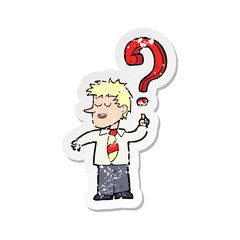 retro distressed sticker of a cartoon school boy with question