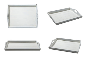 White tray top view. Vintage wooden tray with wooden handles isolated on white background