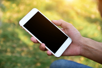People holding mobile smart phone using smart application by internet online
