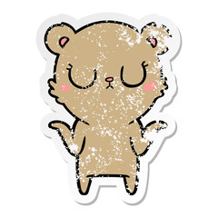 distressed sticker of a peaceful cartoon bear shrugging