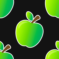 Seamless pattern of cartoon sticker with contour of fresh green ripe juice shiny apple with reflection, stem and leaf. Isolated on black background. Editable vector EPS 10 illustration.