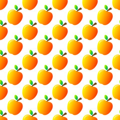 Seamless pattern of fresh red ripe juice shiny apple with reflection, stem and leaf. Isolated on white background. Editable vector EPS 10 illustration.