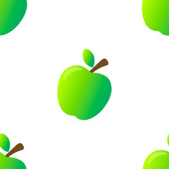 Seamless pattern of fresh green ripe juice shiny apple with reflection, stem and leaf. Isolated on white background. Editable vector EPS 10 illustration.