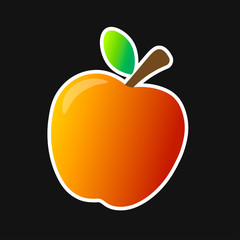 Icon cartoon sticker with contour of fresh red ripe juice shiny apple with reflection, stem and leaf. Isolated on black background. Editable vector EPS 10 illustration.