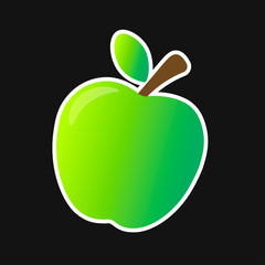 Icon cartoon sticker with contour of fresh green ripe juice shiny apple with reflection, stem and leaf. Isolated on black background. Editable vector EPS 10 illustration.
