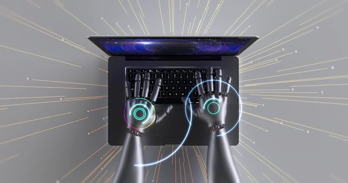 Advanced robot hands using laptop computer. Technology related 4K computer animation. Perfect Loop.