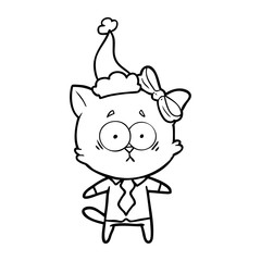 line drawing of a cat wearing santa hat