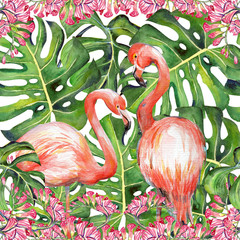 Illustration with hand painted flamingos,  tropical leaves, flowers on a white background  in watercolor .