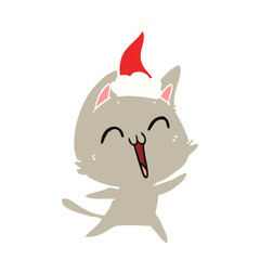 happy flat color illustration of a cat wearing santa hat