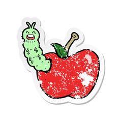 retro distressed sticker of a cartoon bug eating apple