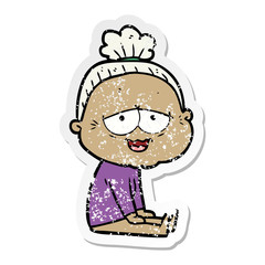 distressed sticker of a cartoon happy old lady