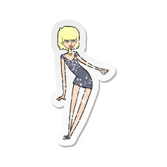 retro distressed sticker of a cartoon woman in dress leaning