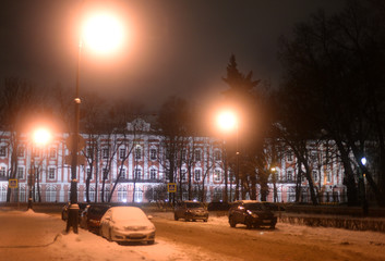 Building of Petersburg State University at night.