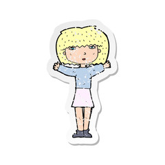 retro distressed sticker of a cartoon woman raising arms in air