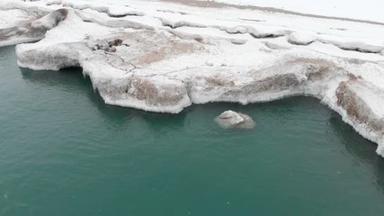 Michigan lake in Winter. Water, cold weather, bird's eye view, drone shots