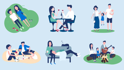 A set of pictures on the theme of family spending time together. Dinner at the restaurant, walk with the children, playing in the sandbox, picnic by the fire.