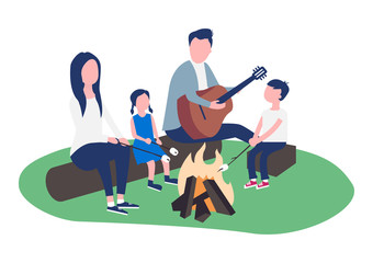 Young married couple with children at a campfire picnic with a guitar.