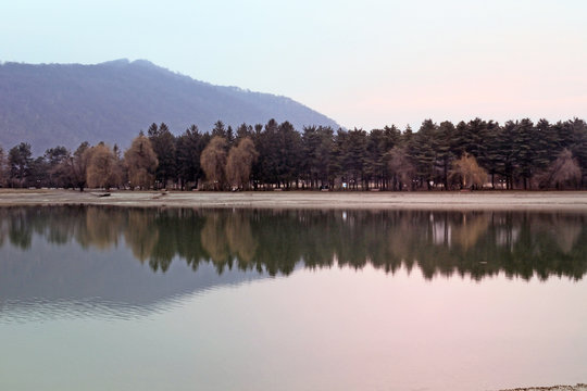 landscape with mountain lake during sunset