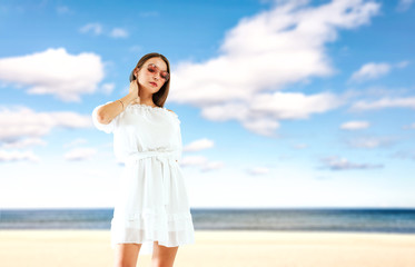 Slim young woman in summer dress and free space for your decoration. 