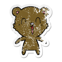 distressed sticker of a happy laughing cartoon bear