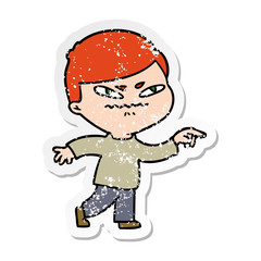 distressed sticker of a cartoon angry man pointing