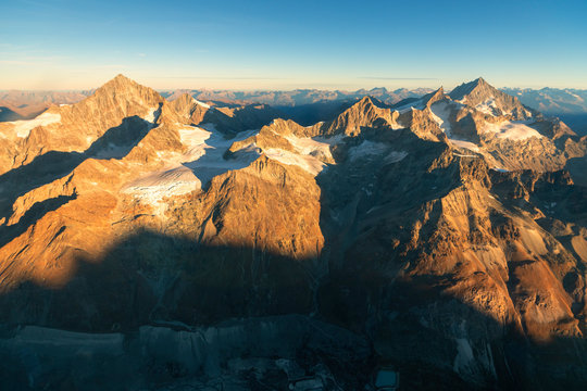 Aerial view of the rocky peaks Dent Blanche, Zinal and Weisshorn, Zermatt, canton of Valais, Switzerland