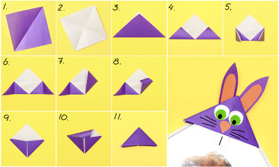 How to make Origami paper bookmark form of bunny for Easter greetings. Children's art project. DIY concept. Step by step photo instruction.