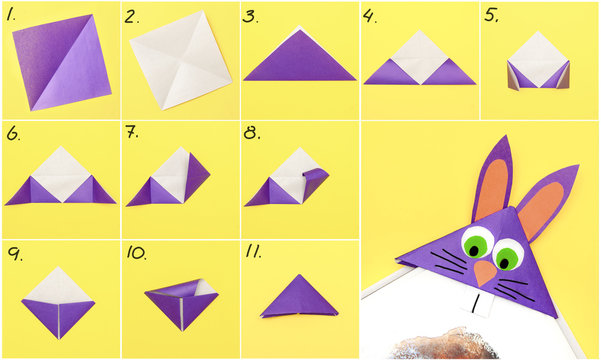 How to make Origami paper bookmark form of bunny for Easter greetings. Children's art project. DIY concept. Step by step photo instruction.