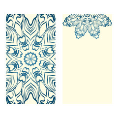 Design Vintage Cards With Floral Mandala Pattern And Ornaments. Vector Template. Islam, Arabic, Indian, Mexican Ottoman Motifs. Hand Drawn Background. Milk blue color