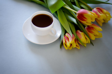 flowers tulips with white coffee Cup on blue background