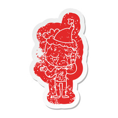 cartoon distressed sticker of a crying woman wearing santa hat