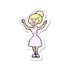 retro distressed sticker of a cartoon woman with raised arms