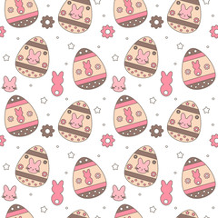 cute colorful easter seamless vector pattern background illustration with eggs, flowers and bunnies