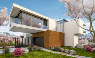 3d rendering of modern cozy house by the river with garage. Fresh spring day with a blooming garden. For sale or rent with flowers of sakura on background.