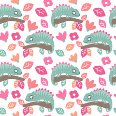 cute colorful seamless vector pattern background illustration with chameleons, leaves and flowers
