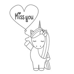 cute cartoon black and white vector unicorn with balloon with hand drawn lettering miss you text illustration for coloring art