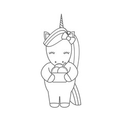 cute cartoon vector black and white unicorn with ice cream illustration for coloring art