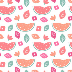 cute colorful seamless vector pattern background illustration with watermelon slice, leaves and flowers