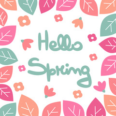 cute hand drawn lettering hello spring vector card with flowers and leaves 