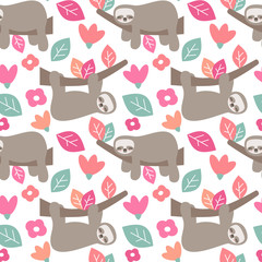 cute cartoon sloth seamless vector pattern background illustration with colorful leaves and flowers © Alice Vacca
