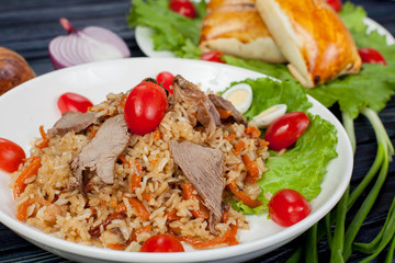 Pilaf. Meat dish of the peoples of Central and Central Asia, rice, meat and onions, suitable for the Nauryz or Navruz holidays, as well as during the Holy month of Ramadan and the holidays of Uraz Ait
