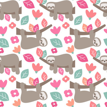 cute cartoon sloth seamless vector pattern background illustration with colorful leaves and flowers