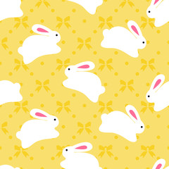 Seamless pattern of white bunnies on orange background with bow elements