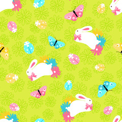 Seamless pattern with easter spring bunny in flowers and butterfly on green background in cartoon style